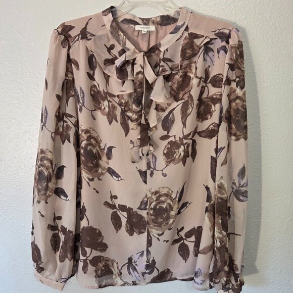 Pleione Sheer Lined Floral Blouse Long Sleeves Blush Dusty Pink Large - Picture 1 of 10